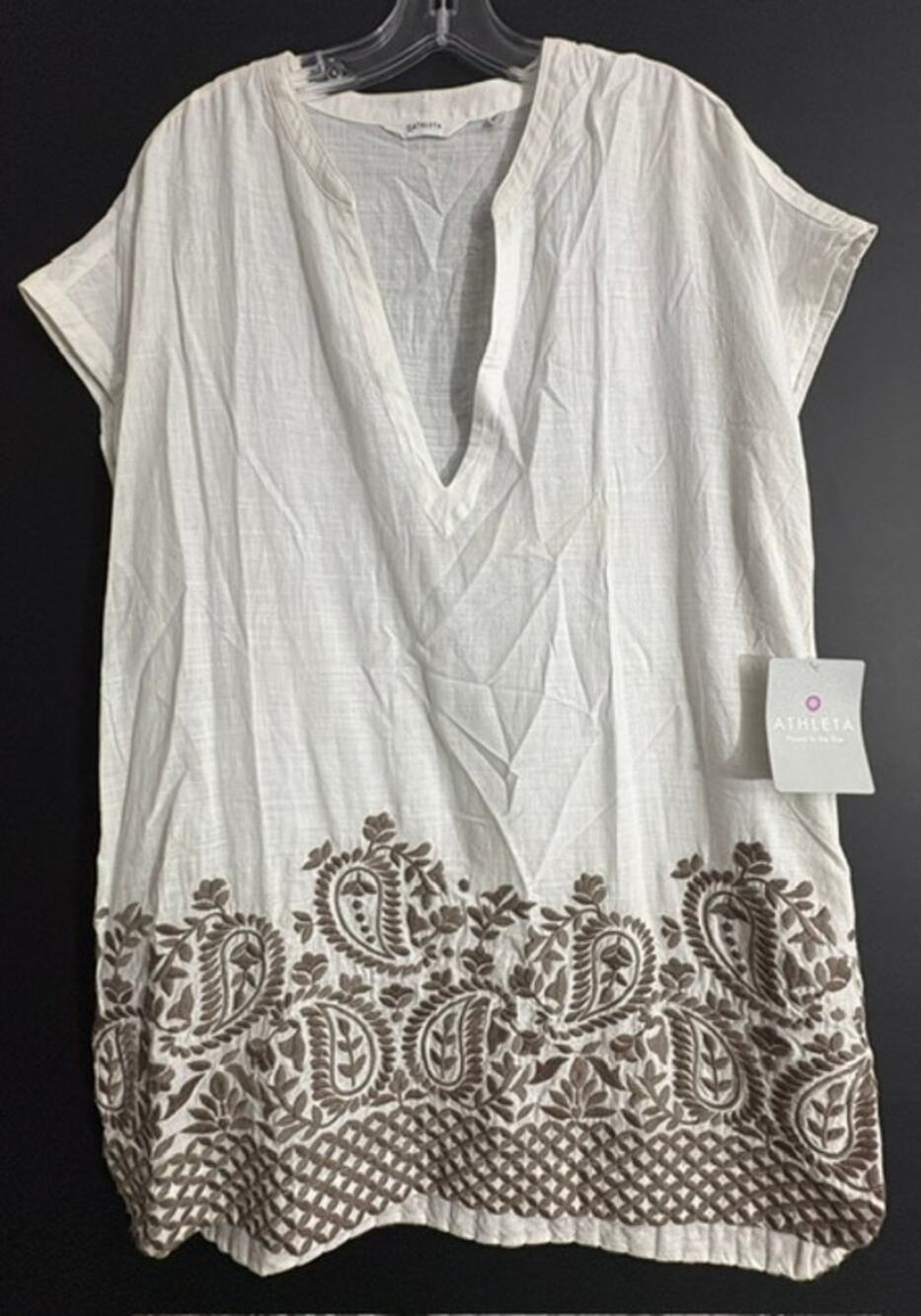Athleta Short-Sleeve V-Neck Tunic with Gray Paisley Hem Women's L